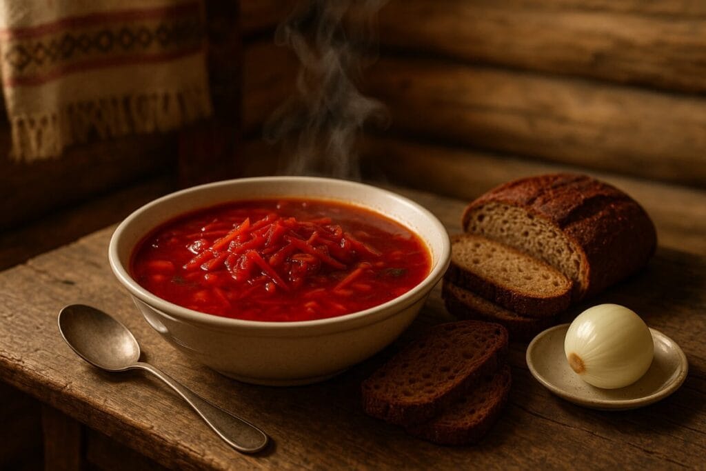 Traditional Ukrainian borscht in a rustic ceramic bowl, deep crimson color topped with sour cream swirl and fresh dill