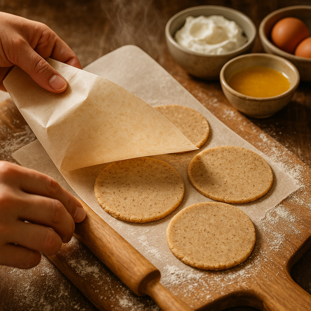 Hands lifting parchment from rounds of wholegrain pierogi dough on a floured board, with bowls of sour cream, egg and melted butter