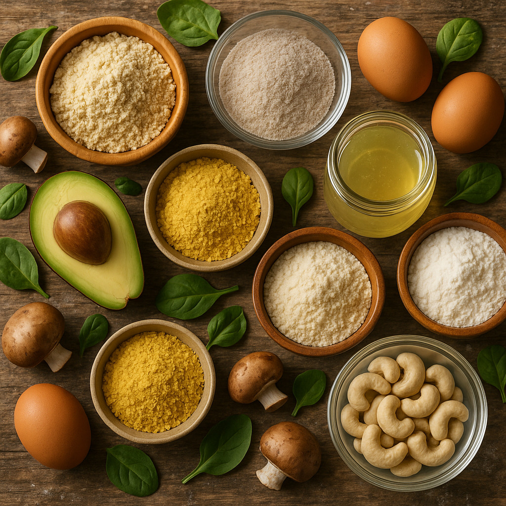 Healthy pierogi ingredients arranged on a wooden table: almond flour, nutritional yeast, psyllium, cashews, eggs, ghee, avocado, mushrooms and fresh spinach