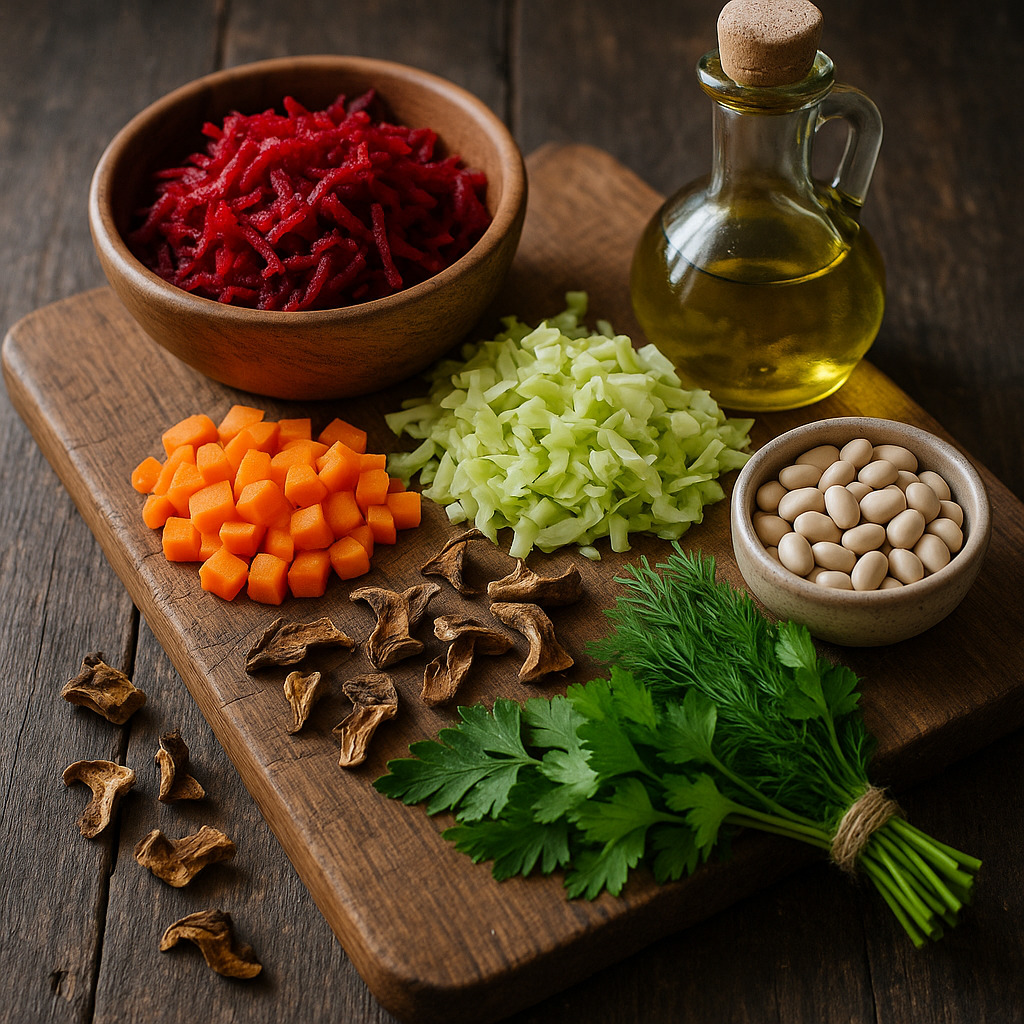 Fresh ingredients for plant-based Pisnyi Borshch on a wooden board: grated beets, diced carrots, chopped cabbage, white beans, dried forest mushrooms, fresh parsley and sunflower oil