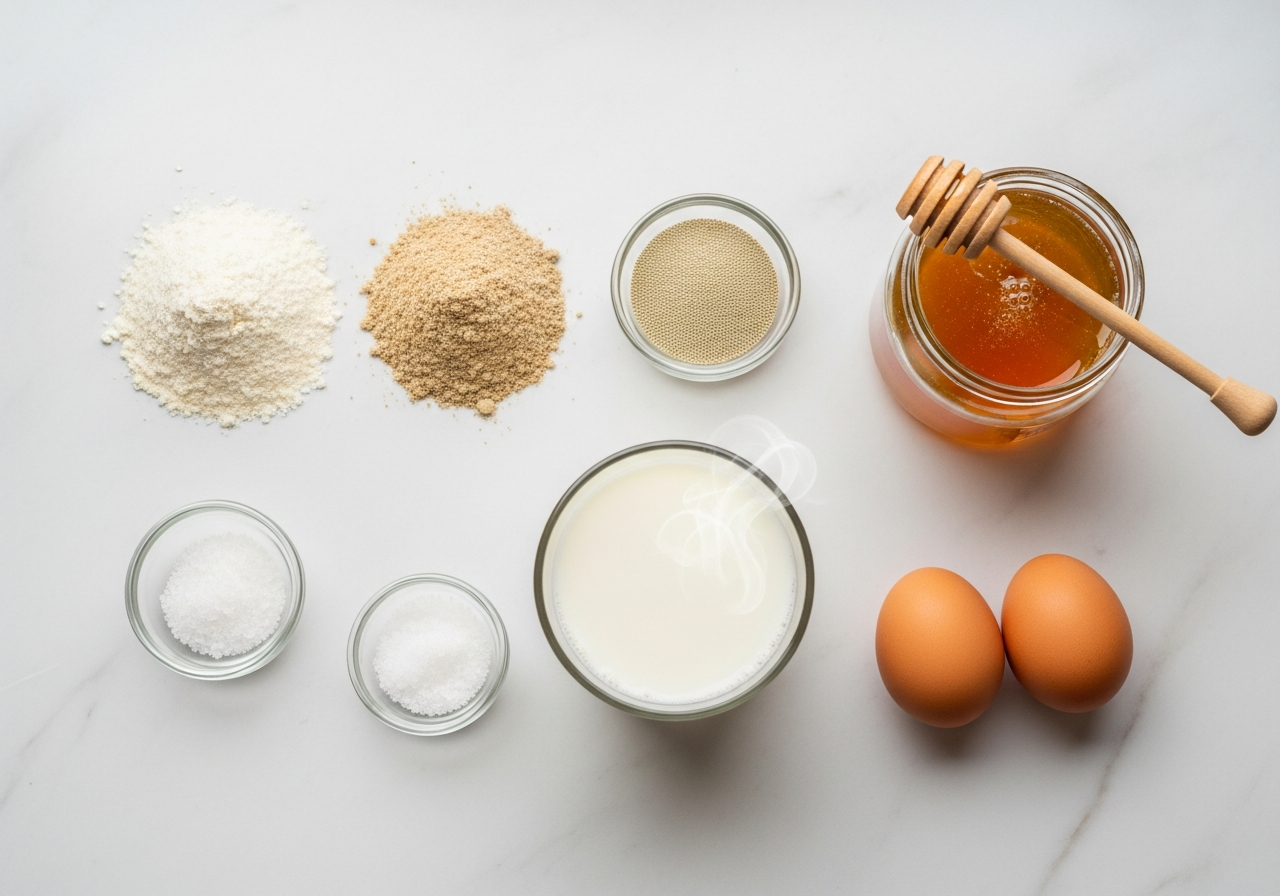 A flat-lay of measured baking ingredients for whole-wheat pampushky rolls arranged in an organized spread: a small mound of pale all-purpose flour beside a mound of darker tan whole wheat flour, a tiny dish of active dry yeast granules, a glass of warm milk with a faint steam curl, a jar of golden honey with a honey dipper resting across it, a small pinch bowl of fine sea salt, and two whole brown-shelled eggs resting together, all ingredients visually separate and clearly identifiable.