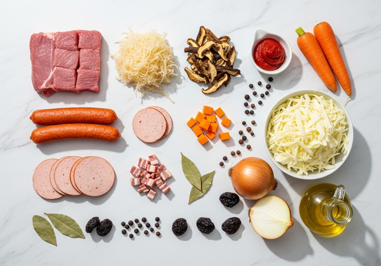 Fresh lean ingredients for healthy Polish bigos laid out on white marble