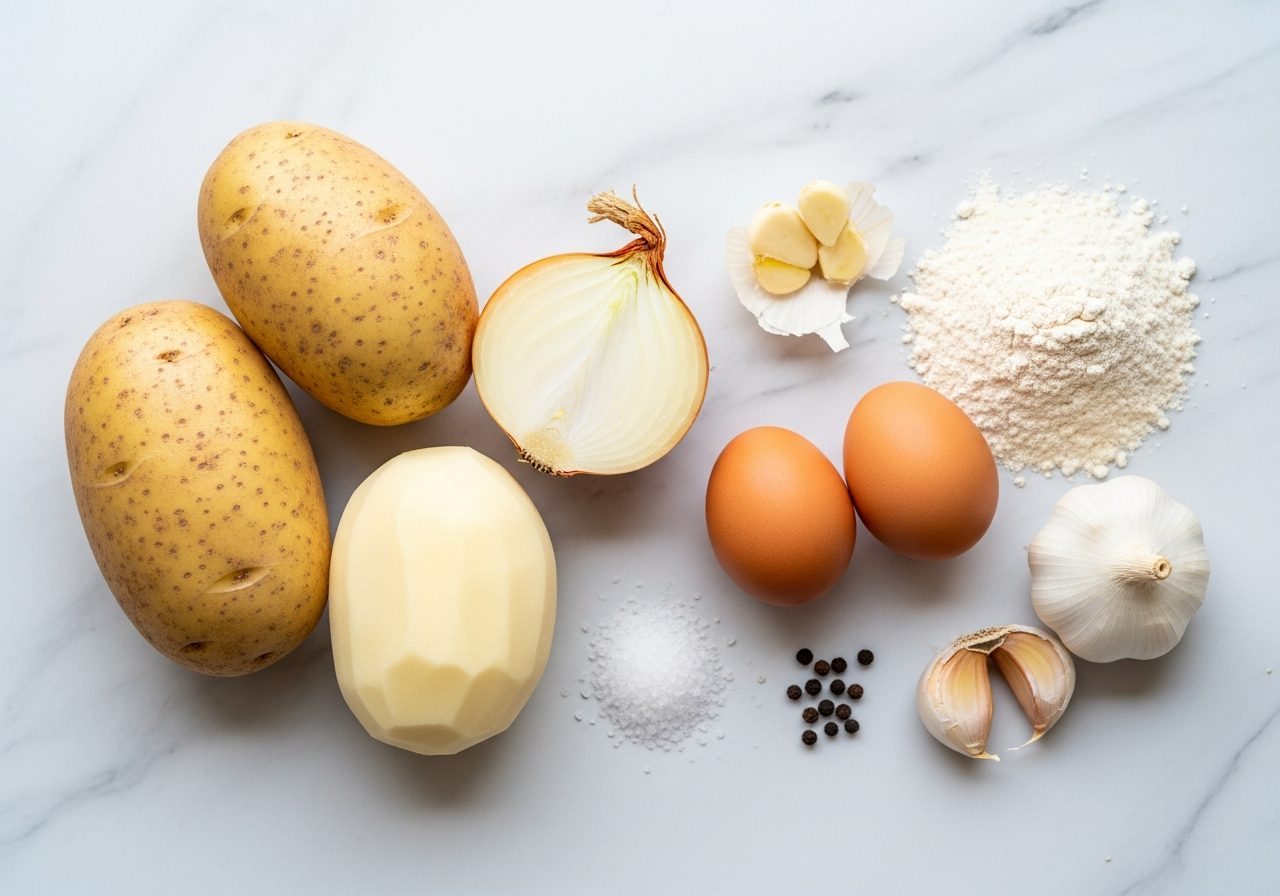 A flat arrangement of the raw ingredients for Polish placki ziemniaczane: two large unpeeled Russet potatoes beside a peeled one showing its pale starchy flesh, a halved yellow onion, two whole brown eggs, a small heap of whole wheat flour, a pinch of coarse salt, a few black peppercorns, and two unpeeled garlic cloves, all grouped loosely together with natural negative space between them.