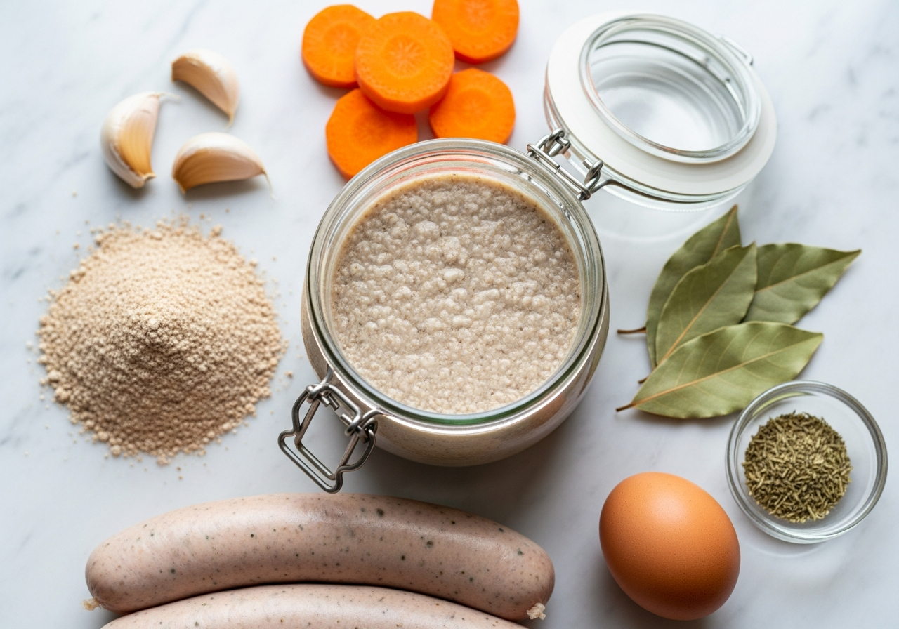 Fresh ingredients for healthy zurek on white marble: fermented rye starter, rye flour, garlic, bay leaves, marjoram and carrot