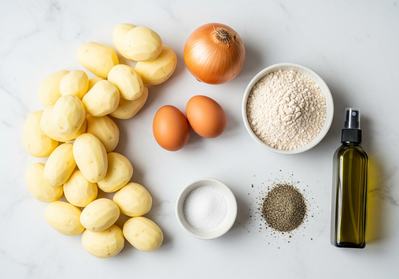 Whole raw ingredients arranged in an arc: a large heap of peeled pale starchy potatoes beside a single whole peeled onion, two brown eggs, a small bowl of whole wheat flour with visible bran flecks, a pinch dish of coarse salt, a mound of coarsely cracked black pepper, and an olive oil spray bottle, all grouped together to suggest grated-potato pancakes soon to be made.