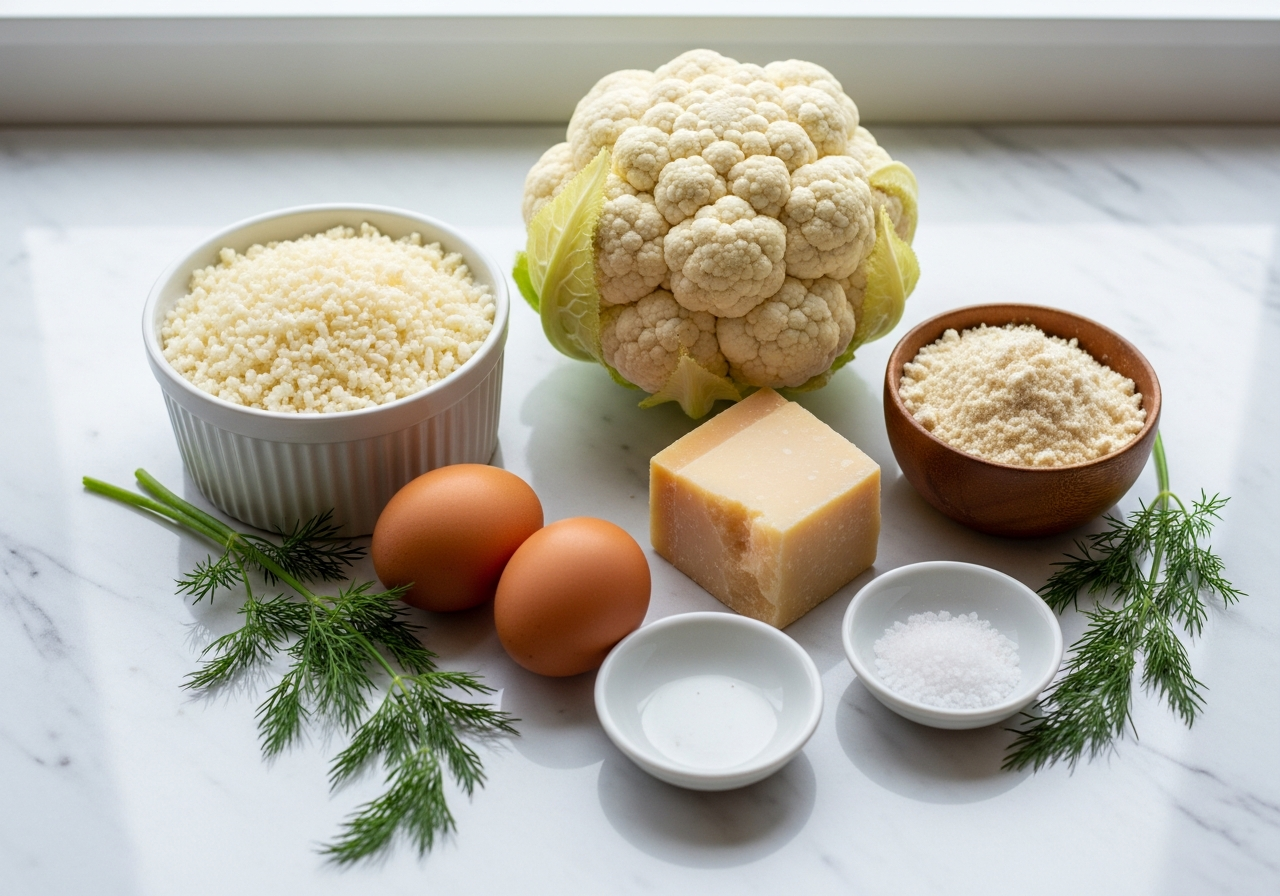 Raw ingredients for low carb cauliflower pancakes including a whole cauliflower head, riced cauliflower, eggs, almond flour, parmesan cheese, salt and fresh dill