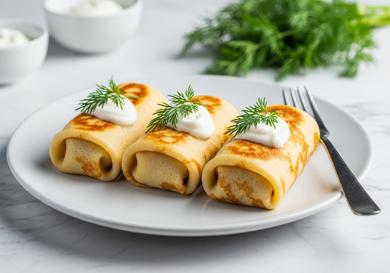Three plated nalysnyky cylinders — thin rolled crepes filled with low-fat cottage cheese, not dumplings, not stuffed pastries — rest side by side, lightly pan-seared to a pale golden finish on the outside seam, topped with a small spoonful of plain low-fat yogurt and a sprig of dill, with a fork resting at the edge