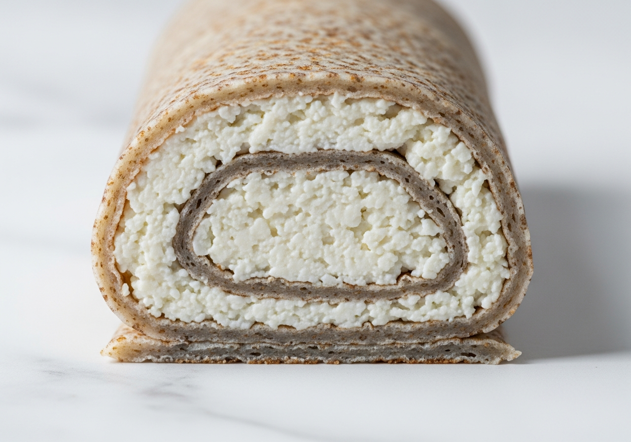 Extreme close-up of a single nalysnyky roll sliced across its middle, revealing the dense white low-fat cottage-cheese filling packed inside the thin buckwheat crepe shell, the crepe layer visibly thin and speckled grey-gold from the buckwheat flour, the cut edge clean and the filling slightly grainy in texture