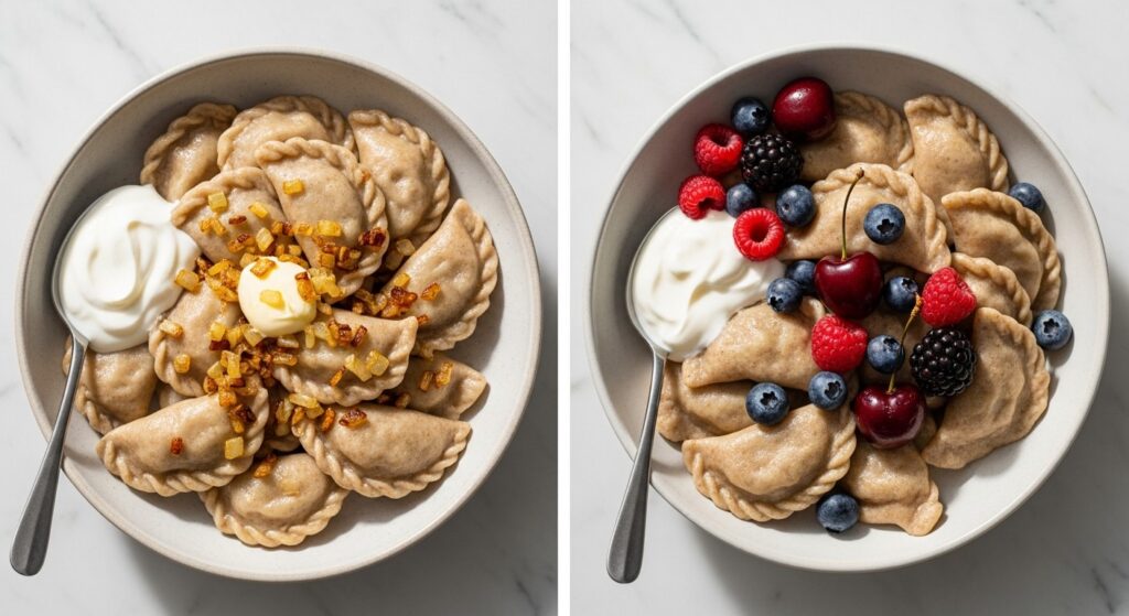 Two bowls of healthy Ukrainian varenyky on white marble: savory wholegrain dumplings tossed with golden fried onion and Greek yogurt, and sweet ones with fresh berries