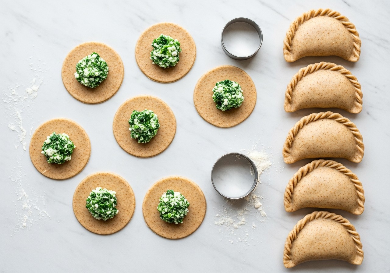 Whole wheat varenyky dough circles with spinach and cottage cheese filling and formed half-moon dumplings
