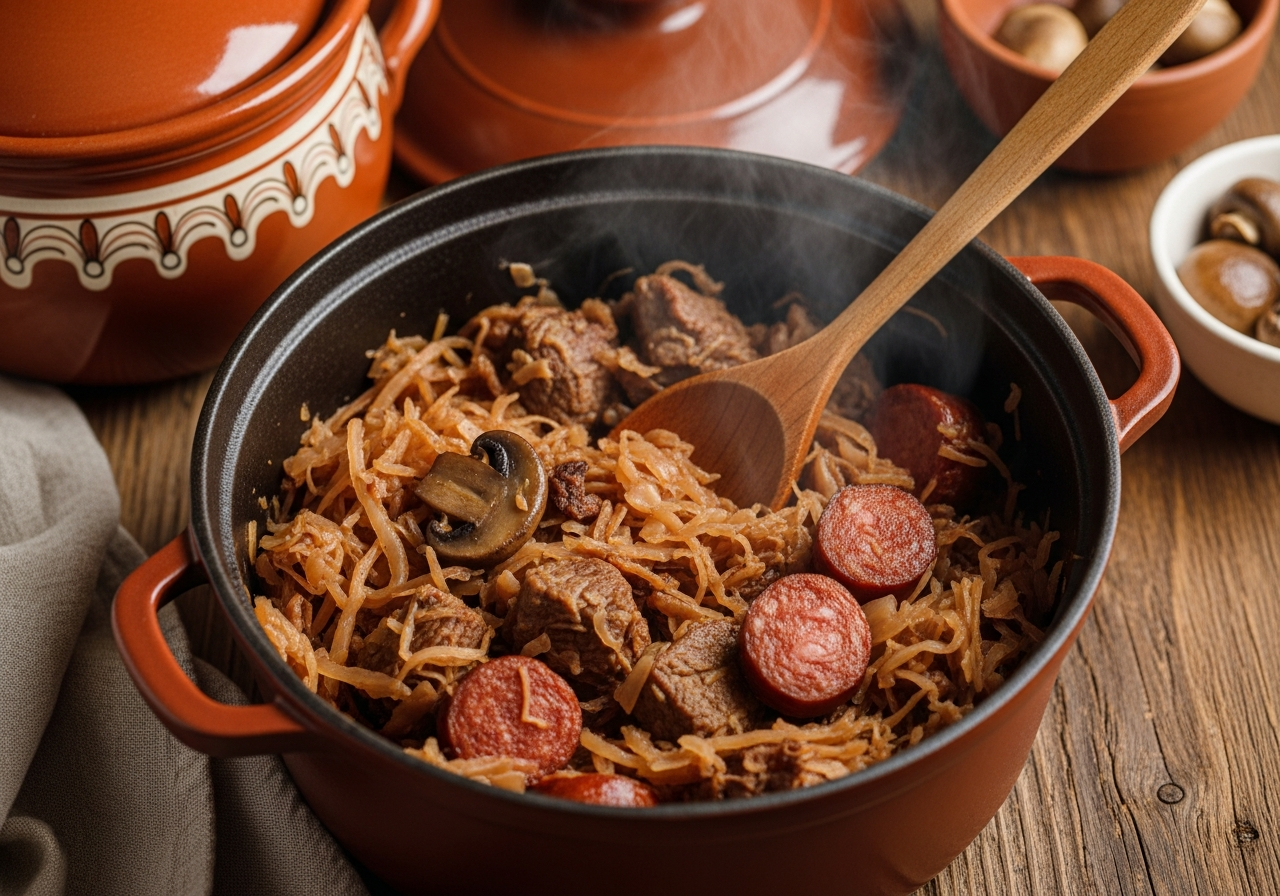 Traditional Polish bigos simmering in a cast iron pot