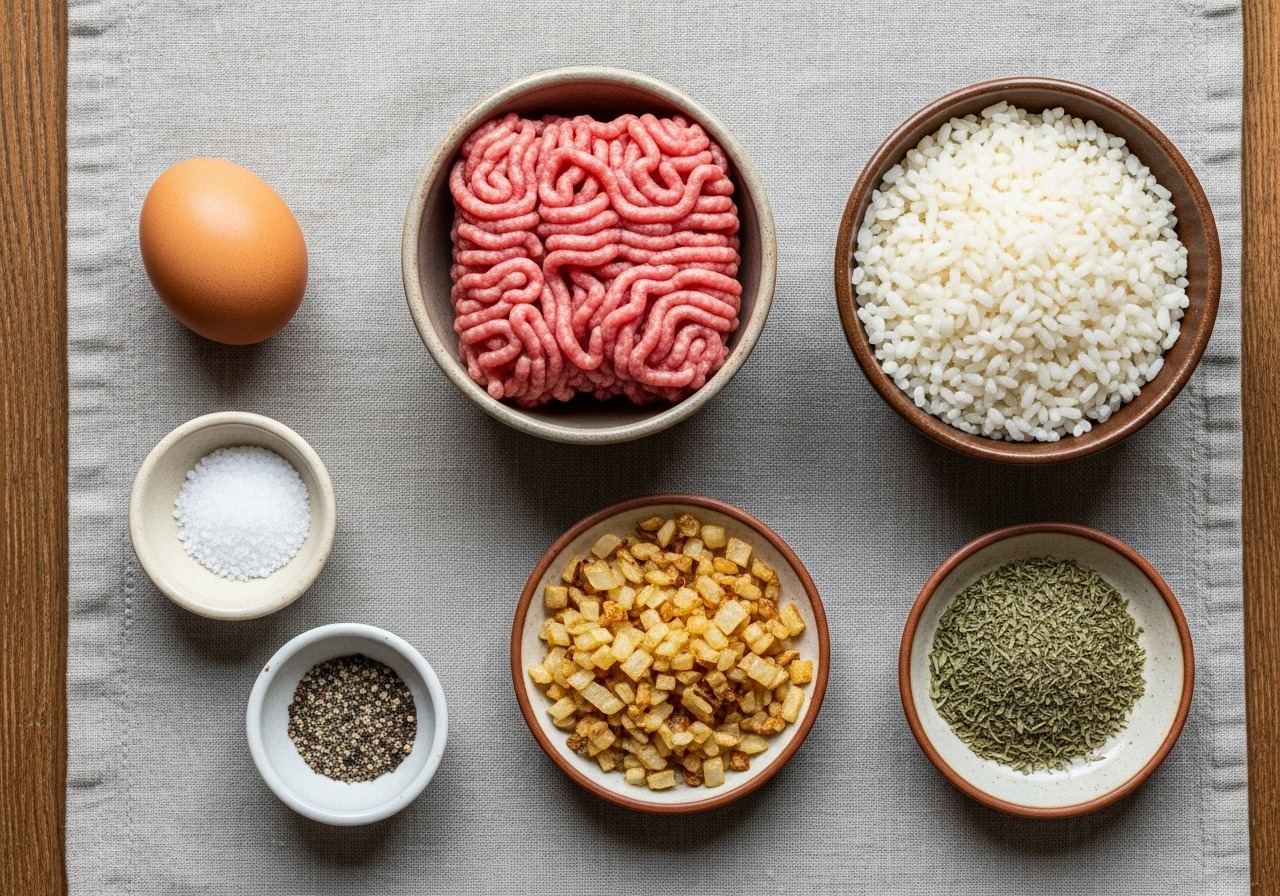 Raw ingredients for golabki filling arranged separately: ground pork, rice, fried onion, egg, marjoram, salt and pepper