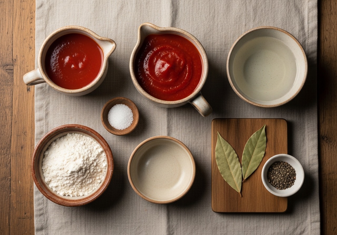 Raw ingredients for golabki tomato sauce arranged separately: tomato passata, water, flour, bay leaves, salt and pepper