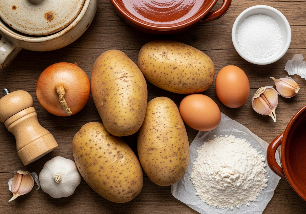 Flat-lay of raw ingredients for placki ziemniaczane arranged in a loose cluster: three or four large starchy Russet potatoes with rough brown skin, one peeled yellow onion, two whole brown eggs, a small ceramic bowl of fine white salt, a wooden pepper grinder, two garlic cloves with papery skin, a tiny mound of all-purpose flour dusted onto parchment, the potatoes dominating the composition as the primary ingredient.