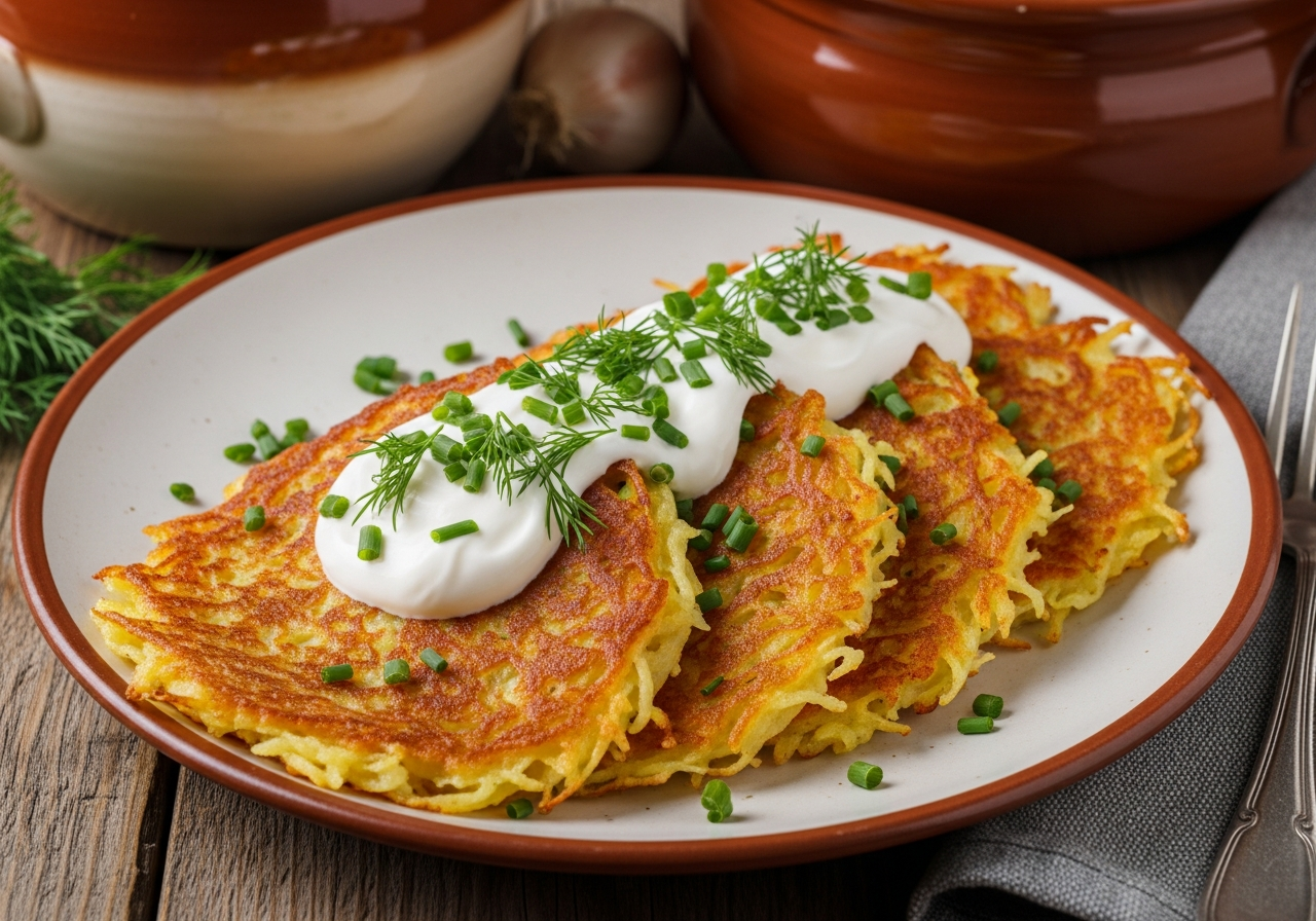 A finished plate of Polish placki ziemniaczane served in the traditional way — three or four golden-brown shredded-potato pancakes fanned slightly overlapping, each with visibly crispy lacy edges and a matte rough surface of fried potato strands, topped with a generous spoonful of thick white sour cream and a bright confetti of finely chopped fresh dill and chives scattered across both the pancakes and the cream.