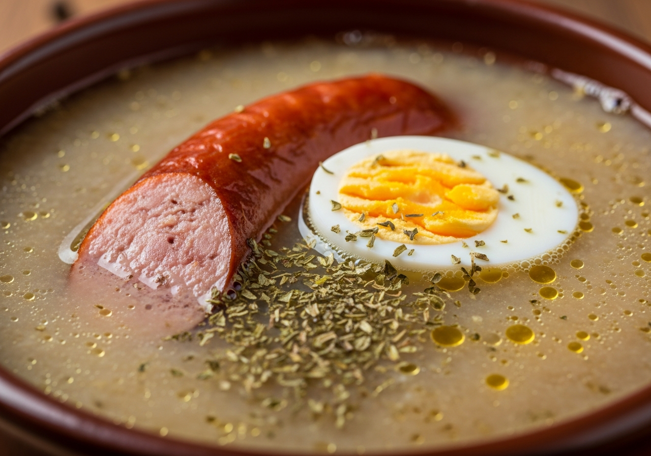 An extreme close-up of the surface of Żurek soup inside the bowl, revealing its cloudy, lightly viscous, pale beige fermented rye liquid with a faint frothy rim, a glistening slice of smoked kielbasa showing its coarse-ground pork interior and charred skin edge, a cross-section of hard-boiled egg with a firm chalky yolk resting against the opaque soup, and dried green marjoram flakes floating on the slightly oily, tangy-smelling broth surface.