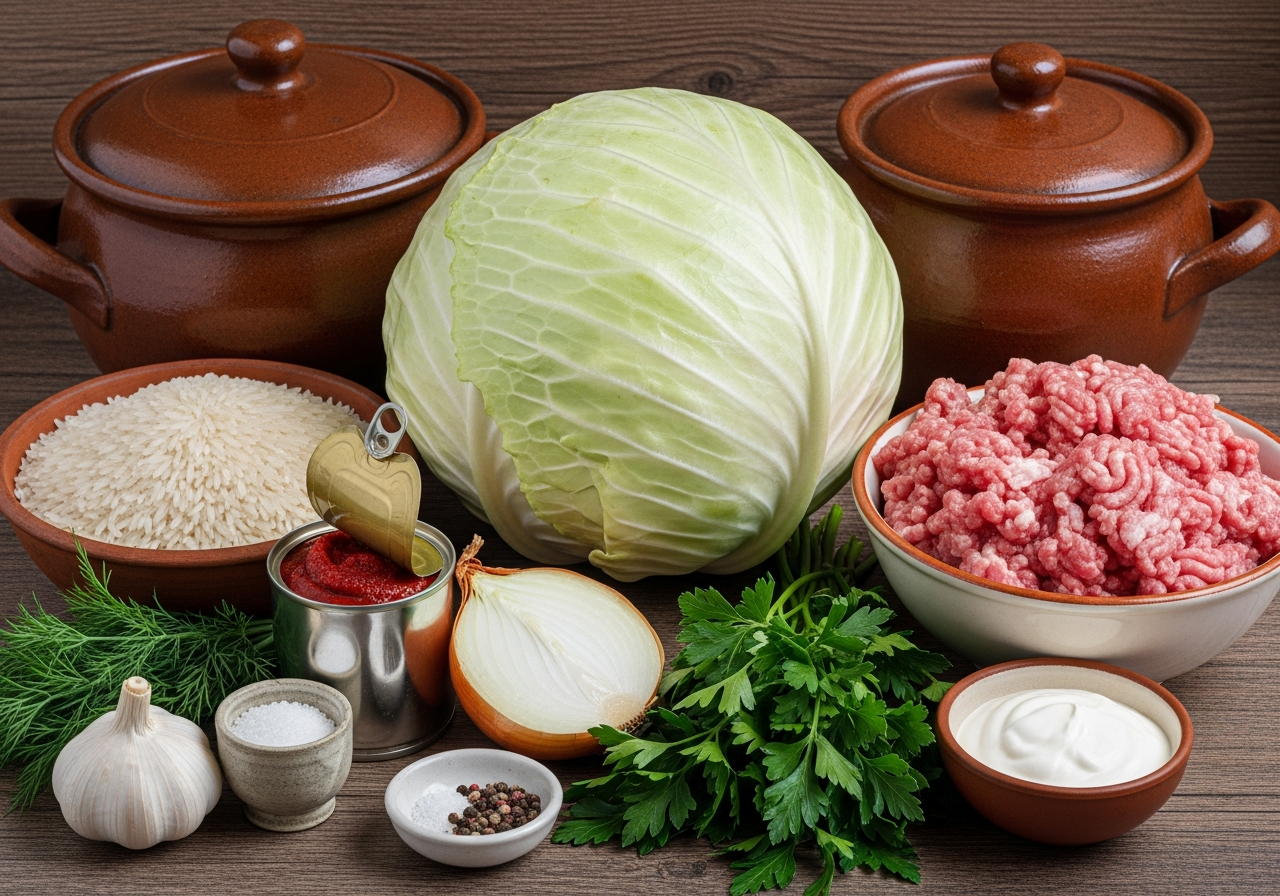 A rustic spread of raw ingredients for holubtsi arranged together: one enormous whole head of pale green-white round cabbage dominating the composition with its tightly layered leaves, surrounded by a bowl of raw minced pork-and-beef mixture, a pile of dry white long-grain rice, a cut onion showing its translucent layers, a small can of tomato paste, fresh dill and parsley bunches, a bulb of garlic, salt, black pepper, and a small bowl of sour cream, all ingredients visibly distinct and true to a Ukrainian home kitchen.
