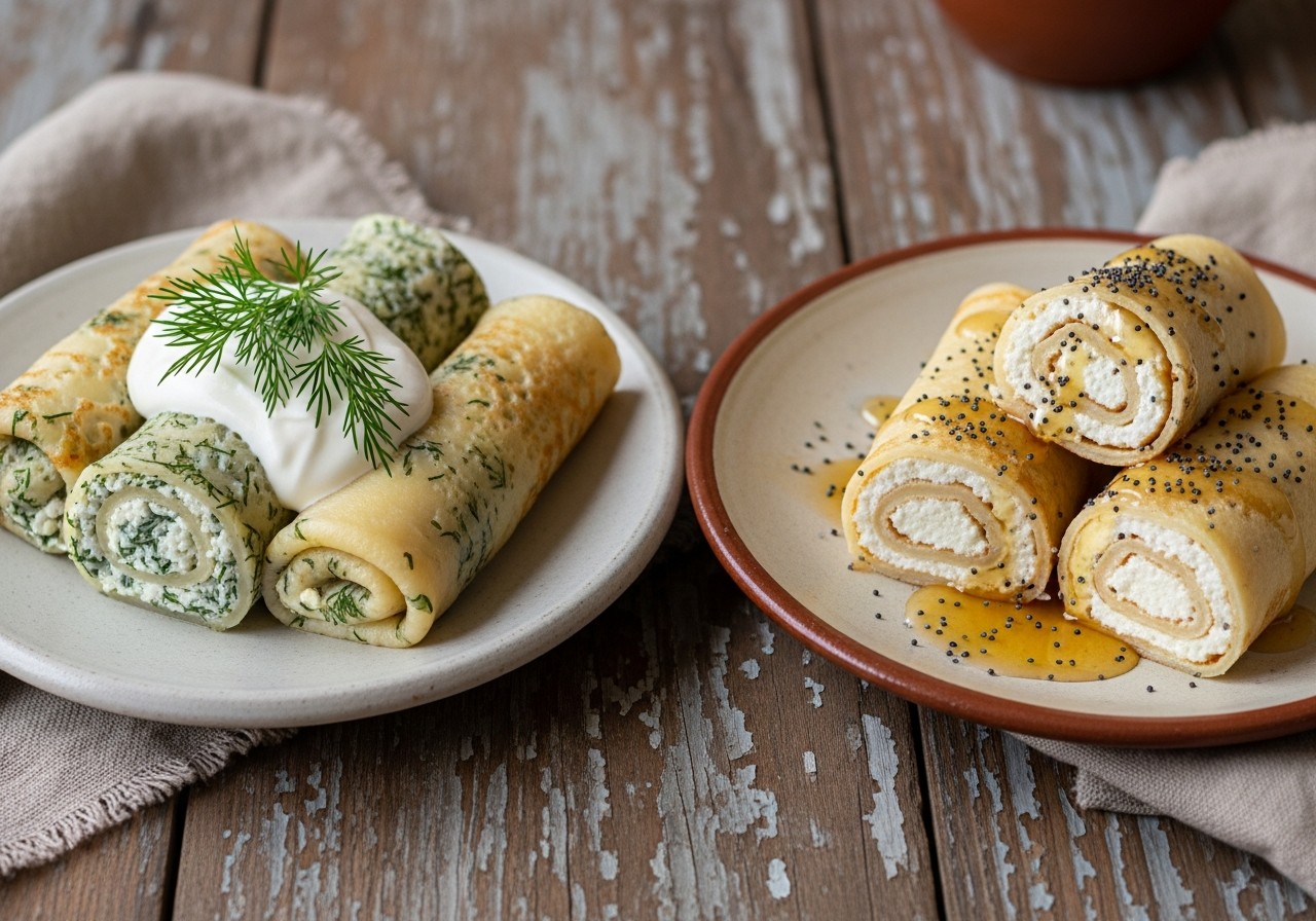 Sweet and savory Ukrainian nalysnyky served side by side, one plate with cottage cheese and dill, the other with sweet vanilla filling, honey, and poppy seeds