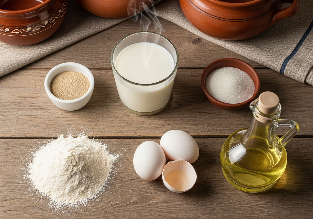 A flat arrangement of raw pampushky ingredients on a linen-free open surface: a small mound of sifted all-purpose flour dusted into a loose pile, a tiny ceramic bowl of active dry yeast granules, a glass of warm milk with a faint steam curl, a pinch-dish of fine sea salt, a small dish of granulated sugar, two whole eggs in their shells resting together, and a clear glass bottle of cold-pressed sunflower oil with its characteristic pale-gold color, all components spaced apart and identifiable.