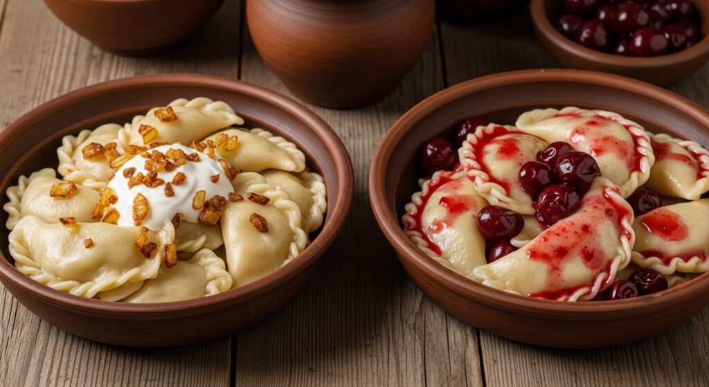 Two separate bowls of traditional Ukrainian varenyky side by side: savory potato dumplings with fried onion and sour cream, and sweet sour cherry dumplings