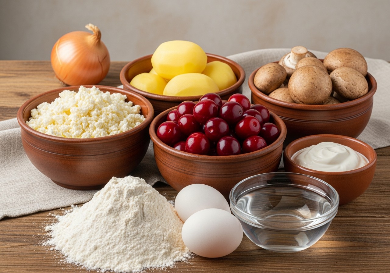 Raw ingredients for traditional Ukrainian varenyky: bowls of farmer's cheese, boiled potatoes, sour cherries and mushrooms, with sour cream, flour, eggs and a raw onion