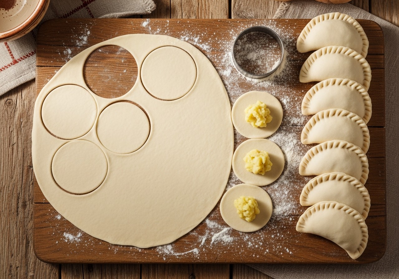 Dough circles with potato filling and formed half-moon varenyky with crimped edges