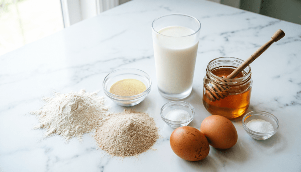 A flat-lay of measured baking ingredients for whole-wheat pampushky rolls arranged in an organized spread: a small mound of pale all-purpose flour beside a mound of darker tan whole wheat flour, a tiny dish of active dry yeast granules, a glass of warm milk with a faint steam curl, a jar of golden honey with a honey dipper resting across it, a small pinch bowl of fine sea salt, and two whole brown-shelled eggs resting together, all ingredients visually separate and clearly identifiable.