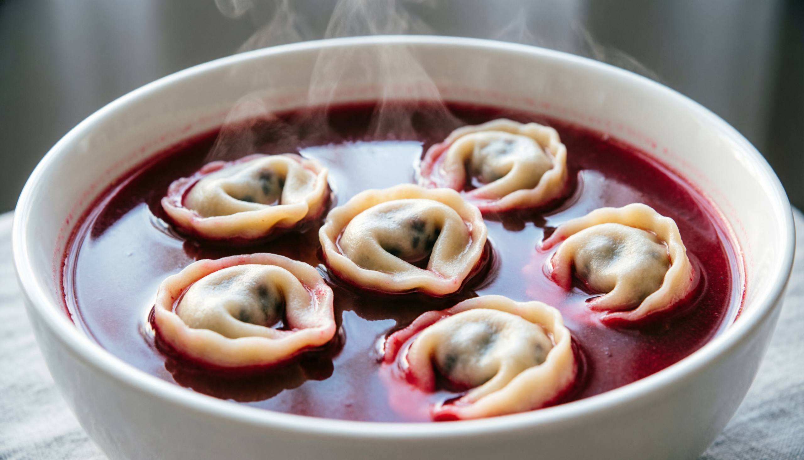 A white wide-rimmed soup bowl filled with steaming translucent deep-crimson barszcz czerwony broth, with six sealed uszka dumplings floating in it, each one a fully closed ring-shaped dumpling with crimped pinched edges like a small tortellini, pale opaque dough with the dark mushroom and onion filling only faintly visible as a shadow through the thin dough, steam rising from the hot broth