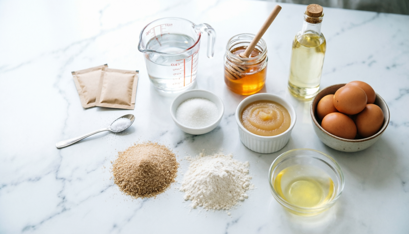 Overhead flat lay of healthy challah ingredients on a white marble surface: two plain unlabeled kraft paper yeast packets, a glass measuring cup of warm water, a small bowl of granulated sugar, a jar of honey with a wooden dipper, a plain unlabeled glass bottle of pale neutral oil, a ramekin of smooth unsweetened applesauce, a bowl of whole brown eggs, a separate small glass bowl of pure egg whites with no yolk, two separate piles of flour — darker whole wheat and white all-purpose — and a pinch of salt on a spoon.
