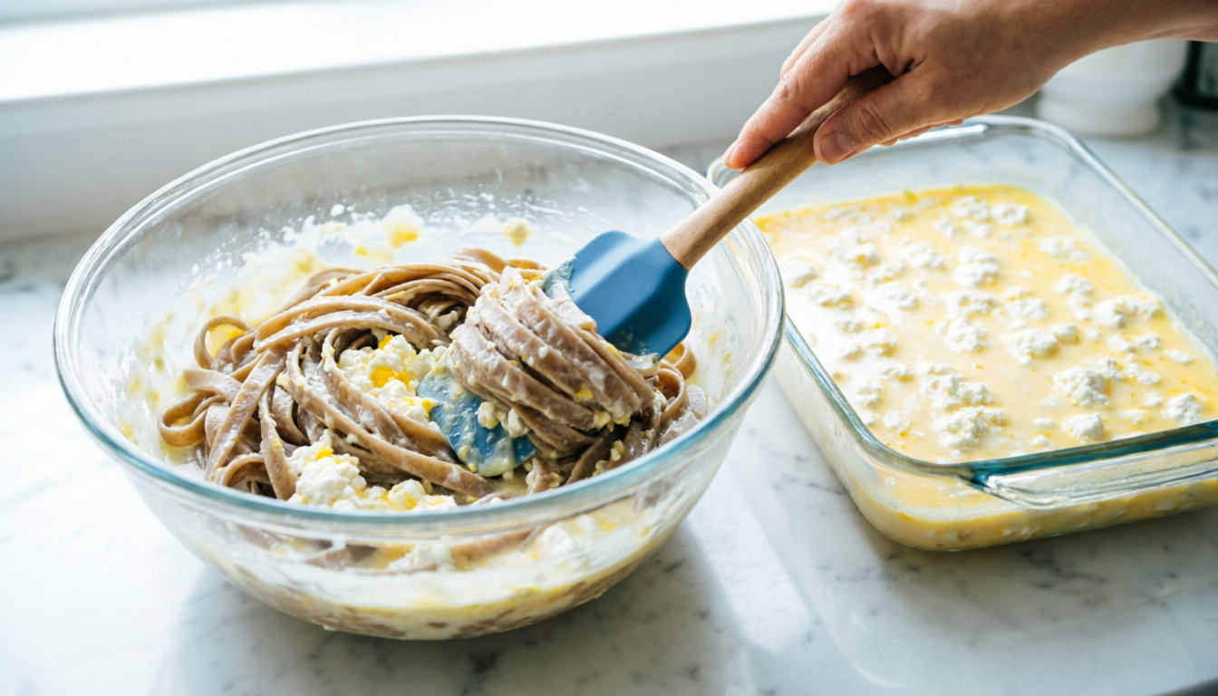 A large glass mixing bowl filled with wide whole wheat egg noodle ribbons being folded with a spatula into a creamy custard of eggs and cottage cheese, a rectangular glass baking dish partially filled with the same mixture beside it.