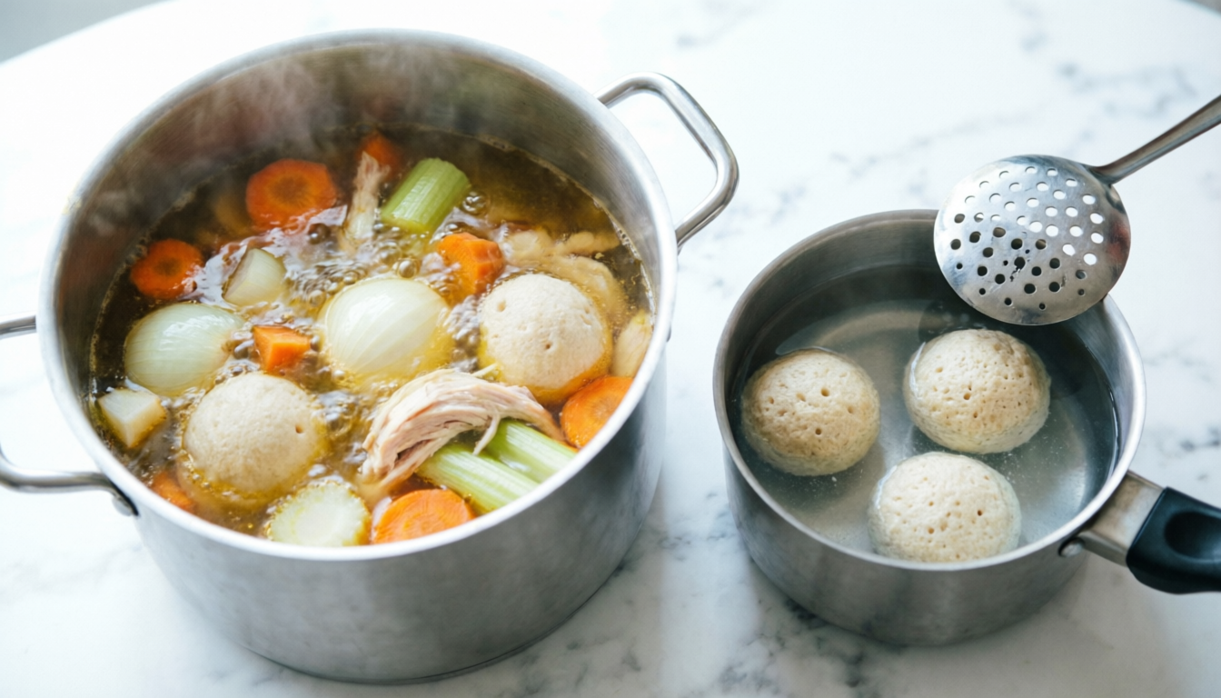 Overhead view of a large stockpot with simmering golden broth and vegetables beside a smaller pot of salted water holding three small round matzo balls, pale and lightly porous, gently bobbing as they cook, with a slotted spoon resting on the rim for scale.