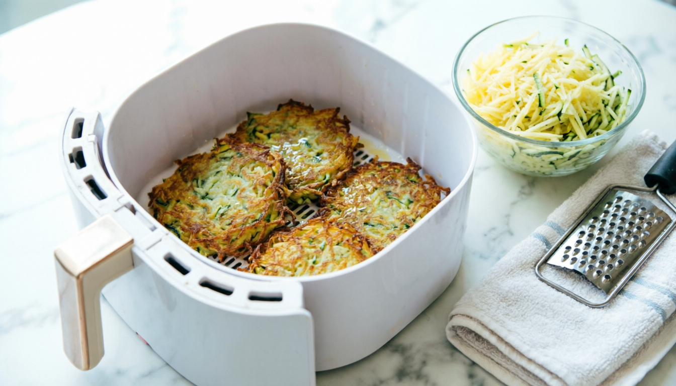 A white air fryer basket holding four golden-brown potato-and-zucchini latkes, visibly flecked with shredded zucchini, cooking with crisped edges, beside a glass bowl of grated potato and zucchini shreds, a box grater, and a folded kitchen towel on a bright white marble countertop.