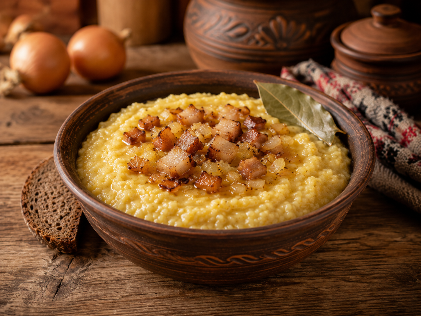 A single generous serving of kulish in a rustic clay bowl, thick golden millet porridge topped with a mix of crispy browned salo cubes and caramelized onion together, a bay leaf resting on the rim, a slice of dark rye bread leaning against the bowl, whole onions and clay pottery in the background.