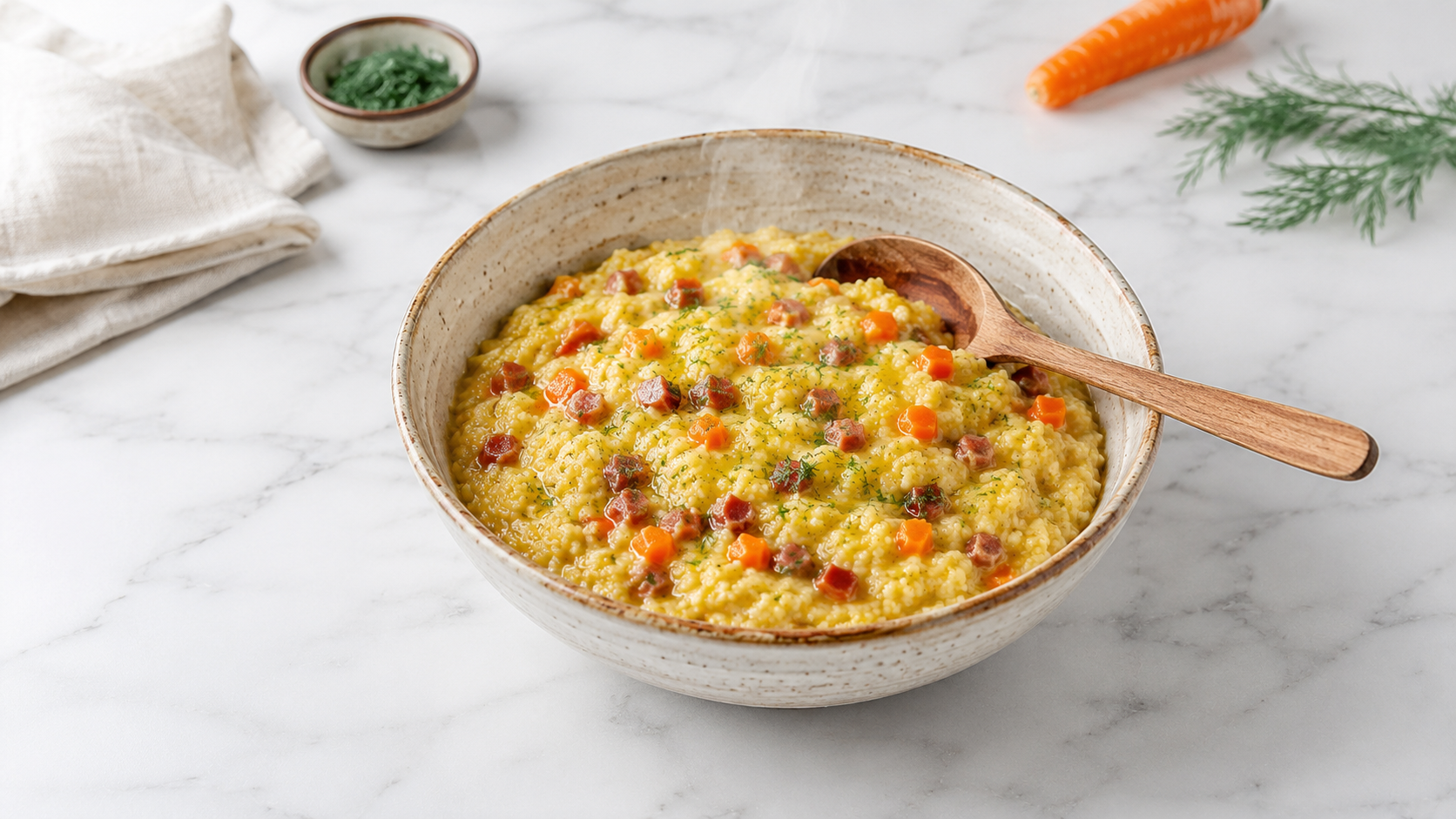 A rustic ceramic bowl of healthy kulish, thick golden millet porridge dotted with small diced carrot and small diced crisp bacon pieces, glossy with a light sheen of olive oil, a wooden spoon resting in the bowl, shot with generous margin of white marble countertop visible on all sides, a linen napkin, small bowl of dill, whole carrot and dill sprig nearby.