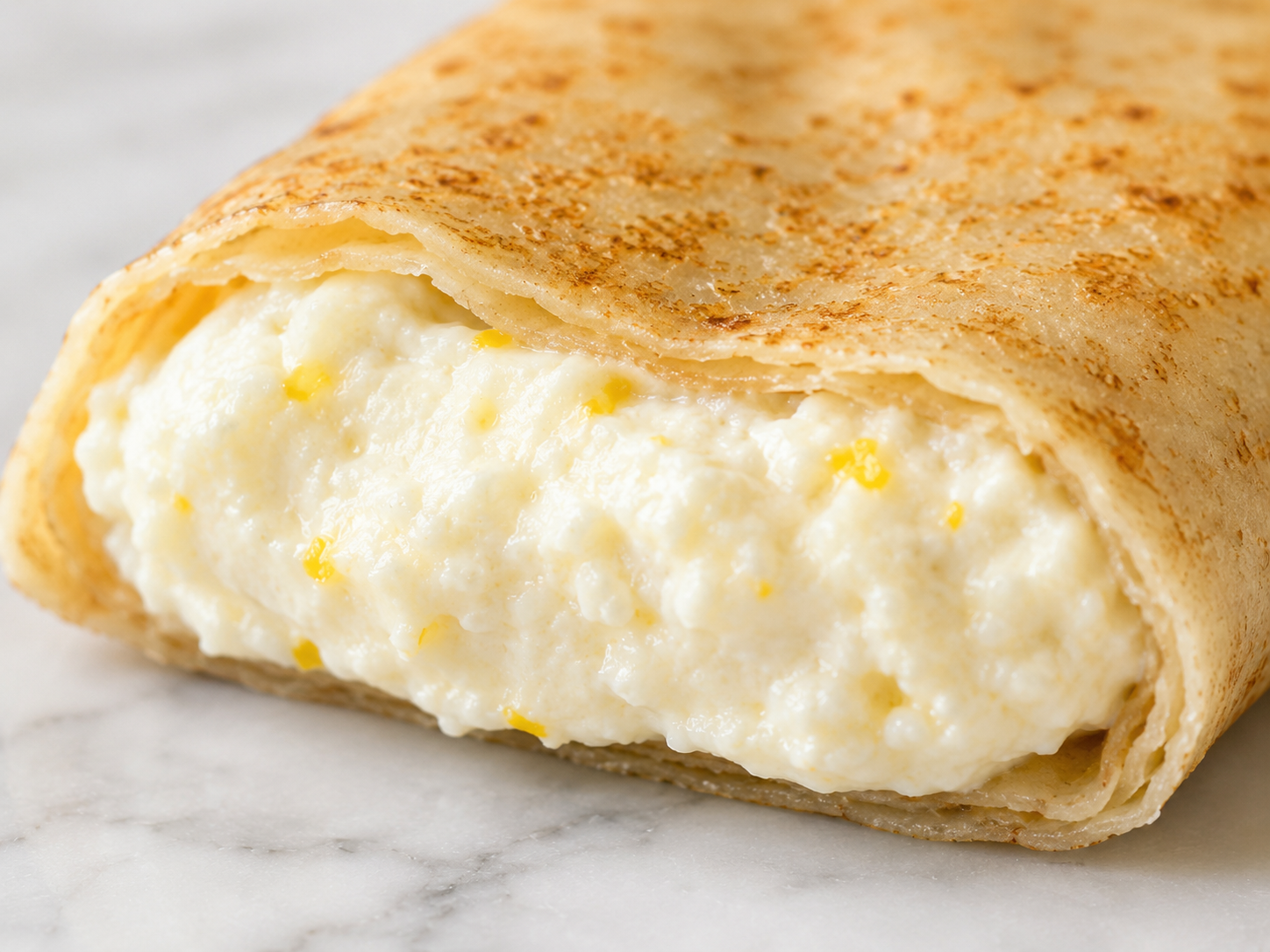 Extreme close-up of a single baked blintz split open at one end, revealing the soft pale ivory cottage cheese filling studded with flecks of yellow lemon zest, the whole wheat crepe wrapper thin and golden-brown with characteristic pan-cook speckling, set on a white marble surface.