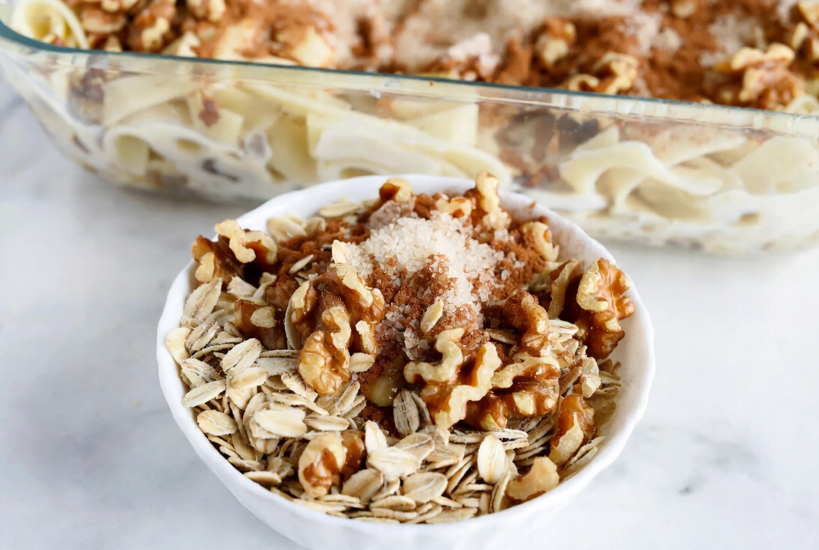 Close-up of a white bowl holding the actual kugel topping mixture of old-fashioned rolled oats, chopped walnuts, sugar, and cinnamon, with a rectangular glass baking dish of wide whole wheat noodle kugel visible in the background before baking.