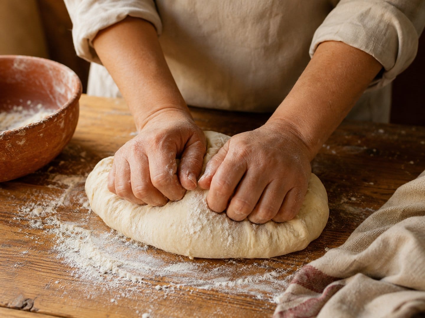Hands kneading dough on a rustic wooden table, flour and a linen cloth nearby
