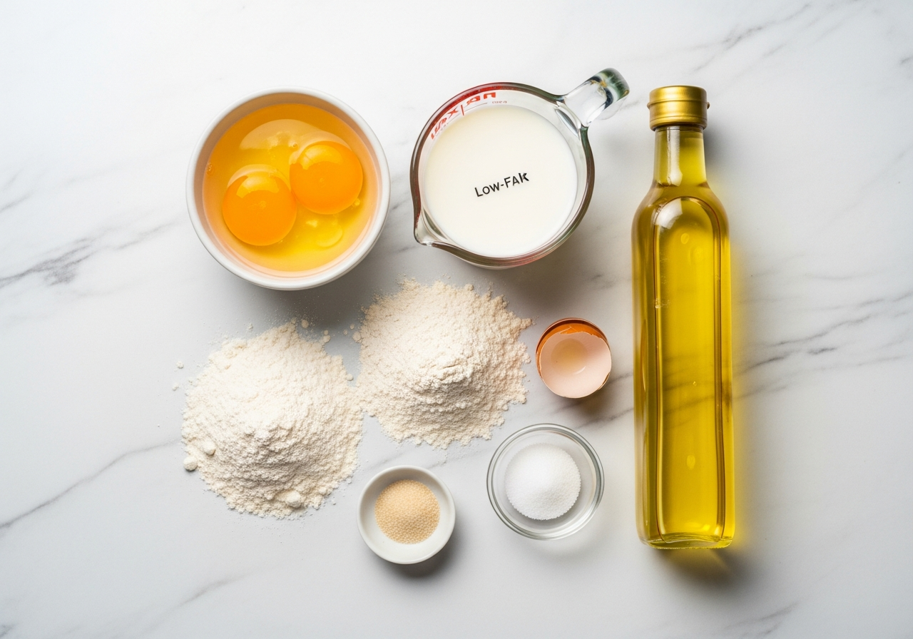 Flat lay of blintz batter ingredients arranged in an organic cluster: two cracked whole eggs in a small bowl, a measuring cup of low-fat milk, a small heap of whole wheat pastry flour beside white all-purpose flour showing their contrasting tones, a tiny dish of granulated sugar, a pinch of fine salt, and a slender bottle of pale canola oil, all grouped naturally together.