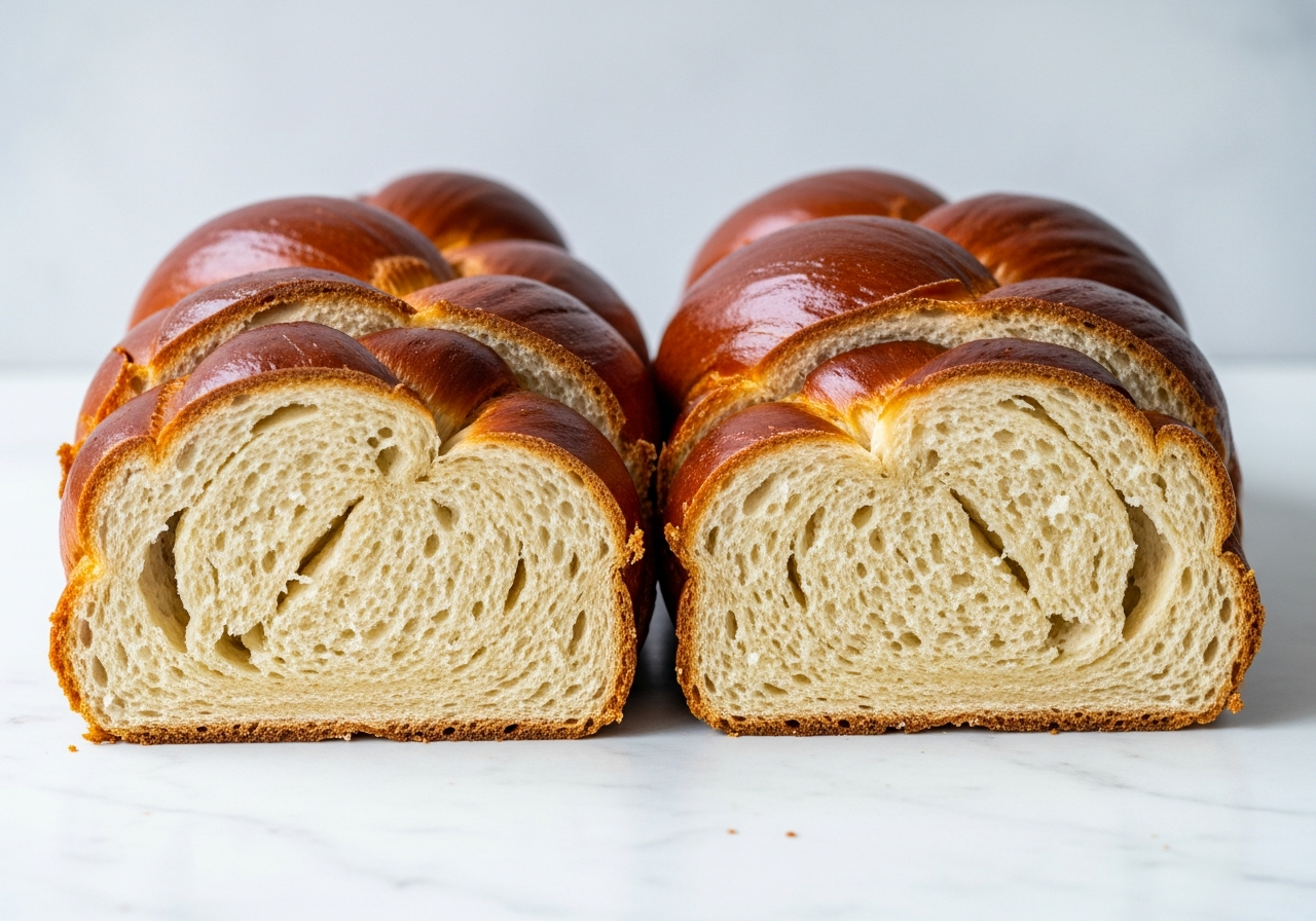 Two sliced healthy challah loaves displayed together — the braided exterior is deep amber and glossy, the interior crumb is pale cream, slightly open and tender but not as rich or dense as traditional challah, with a visibly lighter, airier texture reflecting the reduced fat and added fiber, each slice cut to reveal the soft layered strands of the braid