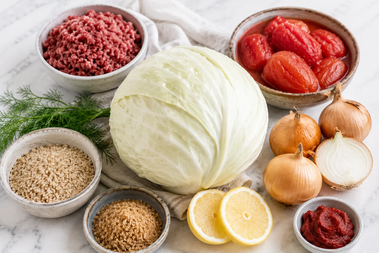 A whole large head of white cabbage sits at center, its tightly packed pale green outer leaves intact, surrounded by carefully arranged raw ingredients: a mound of raw 93% lean ground beef, a small bowl of uncooked brown rice, a pile of peeled whole tomatoes, a cluster of onions, a dish of tomato paste, a lemon halved to show its cut face, a small bowl of brown sugar, and sprigs of fresh dill, all grouped loosely together.
