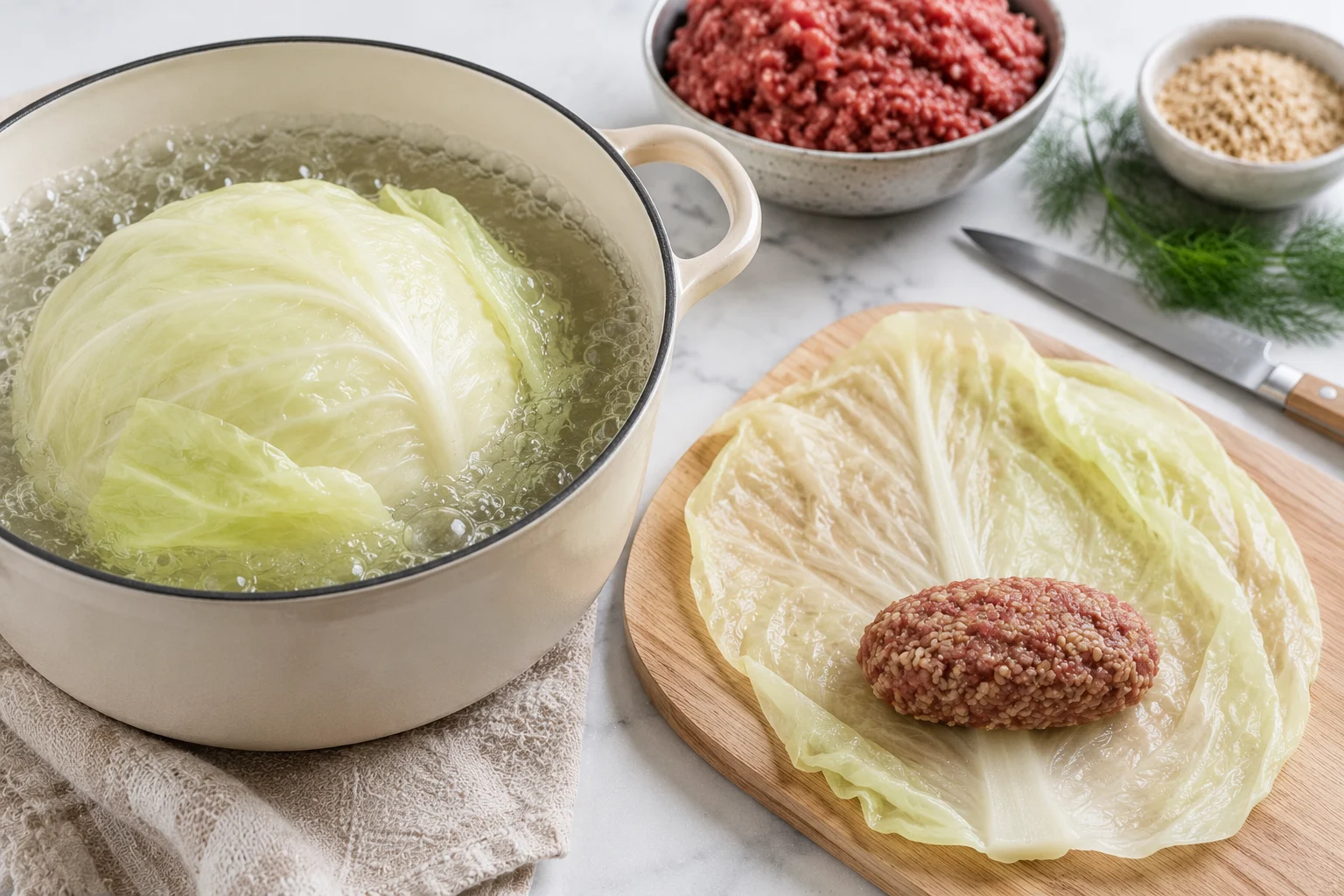 A large wide pot of vigorously boiling water holds a whole white cabbage head being blanched, its outer leaves loosening and turning translucent pale green; on a nearby cutting board a softened leaf lies flat with its thick central rib shaved thin with a knife, and a neat oblong portion of raw lean ground-beef-and-brown-rice filling is placed at the base of the leaf, ready to be rolled into a compact parcel.