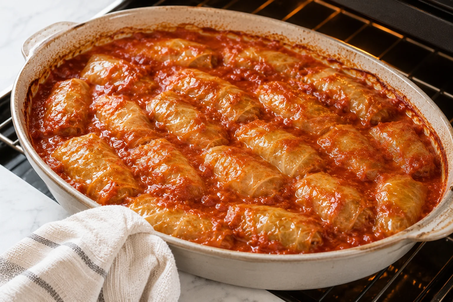 A deep baking dish shows holishkes — compact rolls of softened pale green cabbage encasing a lean ground beef and brown rice filling, not pierogi, not stuffed grape leaves — arranged tightly in a single layer, fully submerged in thick sweet-and-sour tomato braising sauce, the dish going into or just pulled from the oven, the sauce bubbling at the edges with a rich brick-red color and a slightly reduced, glossy surface.