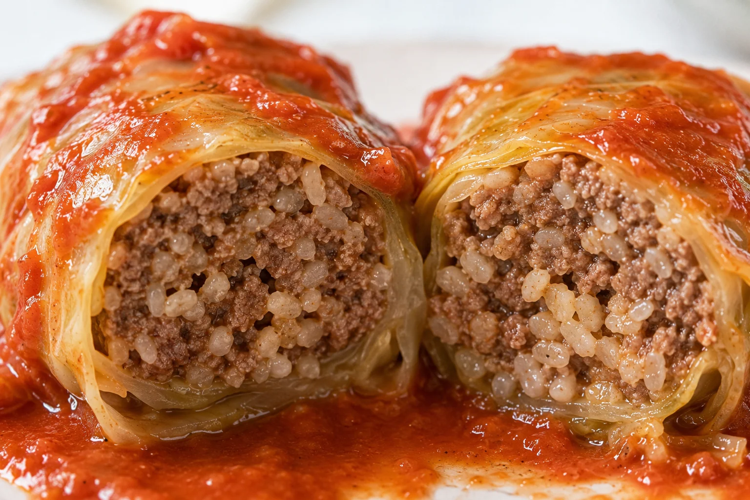 An extreme close-up of a single holishke sliced in half crosswise to reveal its interior: the outer layer is a tender, slightly translucent pale green cabbage leaf braised soft, and inside sits a compact cylinder of finely textured lean ground beef mixed with visible grains of cooked brown rice, the cut surface moist and steaming, coated on the outside with a thick glossy sweet-and-sour tomato sauce that clings in deep red rivulets to the cabbage.