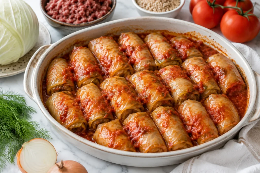 A large oval baking dish holds sixteen to eighteen holishkes — tightly rolled cabbage parcels made from pale green softened white-cabbage leaves wrapped snugly around a lean meat-and-brown-rice filling, not grape-leaf dolmas, not stuffed peppers — arranged in neat rows, glazed with a glossy sweet-and-sour tomato sauce that is deep brick-red, glistening from a long braise, the rolls slightly caramelized at the edges where the sauce has thickened, garnished with a spoonful of extra sauce pooled over the top.