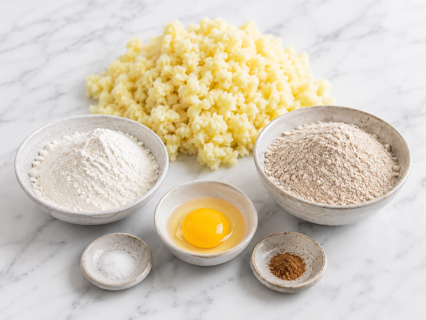 A flat linen-free open spread of raw ingredients for kopytka dough — a mound of freshly riced warm boiled potatoes fluffy and pale yellow at center, two small bowls side by side holding creamy all-purpose flour and darker beige whole wheat flour separately, one cracked large egg with yolk visible, a small pinch dish of fine salt, and a tiny dish with a dusting of nutmeg, all ingredients unmixed and clearly distinct showing the healthy dual-flour composition
