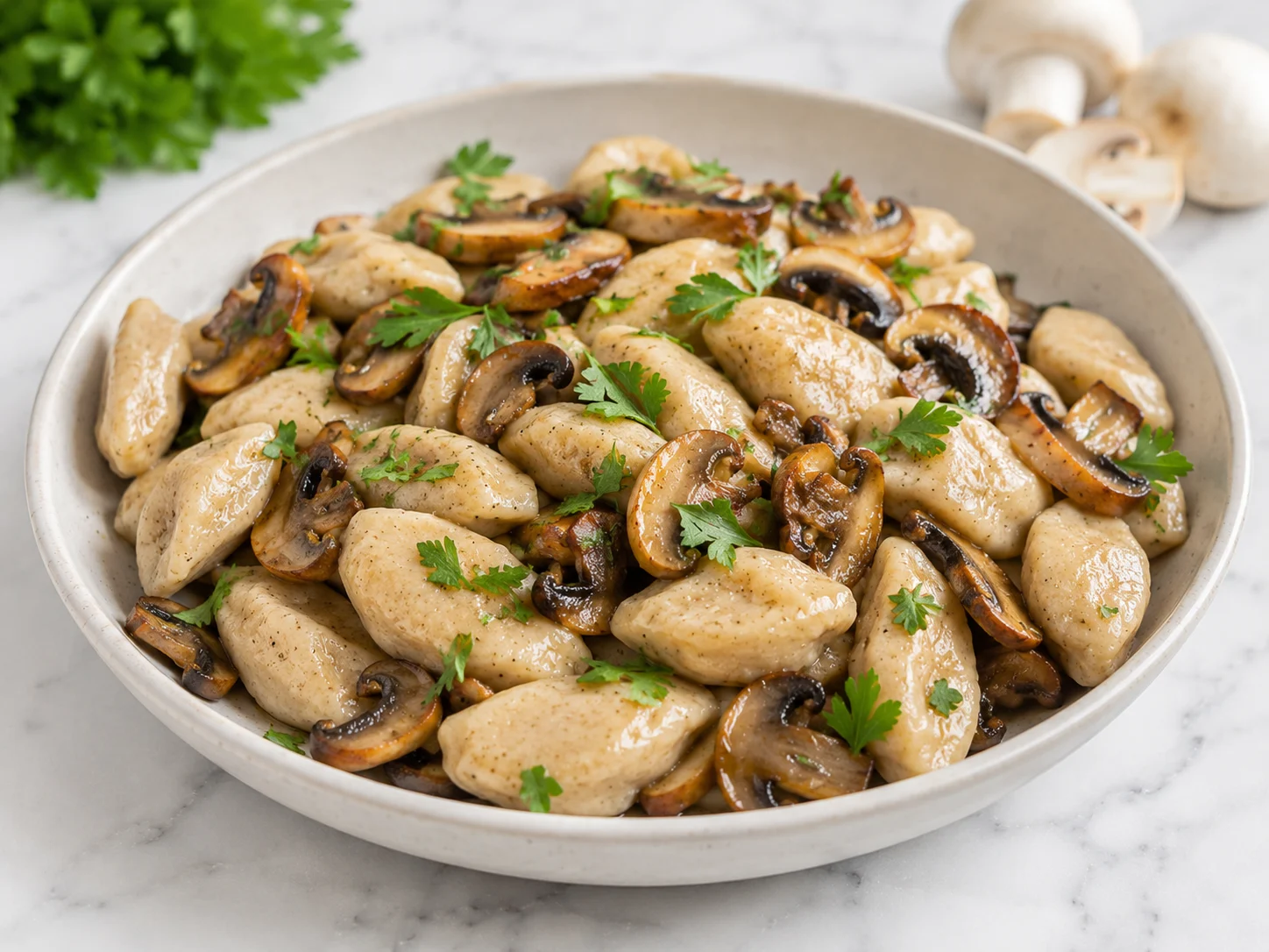 A shallow bowl filled with boiled kopytka — the small elongated oval dumplings piled softly together with their subtly textured pale tan surface from whole wheat flour, generously topped with pan-sautéed mushroom slices cooked golden brown and glossy in olive oil, fresh parsley leaves scattered over the top adding green contrast, the mushroom juices lightly coating the dumplings as a sauce replacement for traditional butter and breadcrumbs