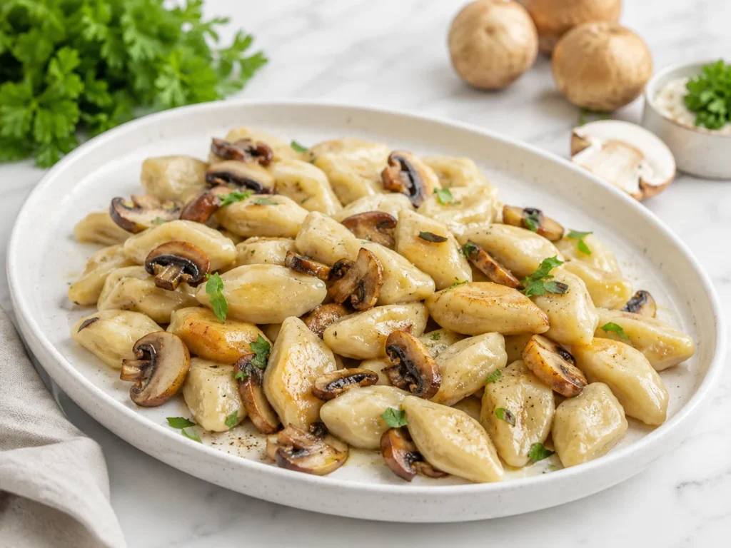 A wide serving platter holds a generous mound of freshly boiled kopytka — small elongated potato dumplings with blunt-ended oval shapes resembling little hooves, pale ivory with a slightly matte surface from the whole wheat flour, glistening with a light drizzle of olive oil and topped with golden sautéed mushroom slices and scattered fresh herbs, soft and pillowy in texture, these are boiled Polish potato dumplings not pierogi not gnocchi not fried patties, steaming gently in a warm arrangement
