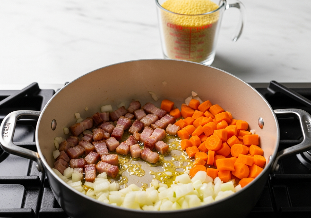 A wide heavy-bottomed pot on a lit burner mid-cook, showing diced bacon sizzling and rendering in a small pool of olive oil with golden-brown edges, chopped onion and bright orange carrot cubes softening alongside, and in the background the pale dry millet measured out in a glass cup ready to be added to the fragrant contents of the pot.