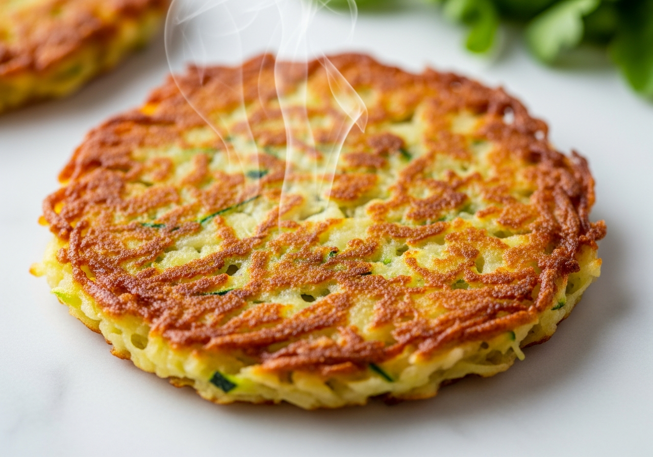An extreme close-up of one freshly pan-fried latke filling the frame — its rough, lacy golden-brown crust showing individual strands of shredded potato and zucchini fused and crisped at the edges, the surface mottled with deep amber and pale yellow patches, a tiny curl of steam rising from the just-cooked pancake, revealing its thin cross-section of tender, moist shredded interior