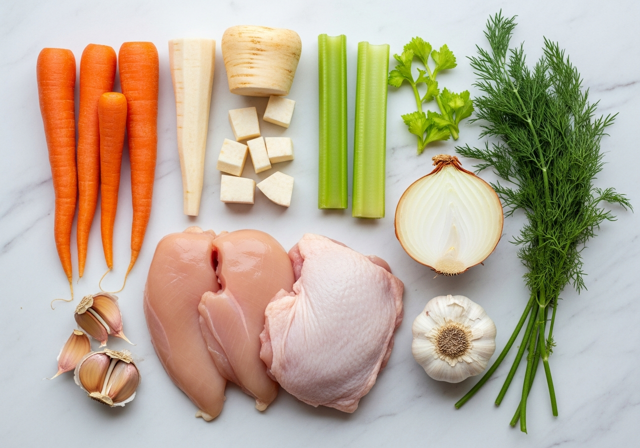 Raw boneless skinless chicken breasts and thighs with visible fat trimmed rest beside four peeled carrots cut into thick chunks, a diced pale ivory parsnip, three celery stalks cut into pieces, a large onion quartered to show its layers, three smashed garlic cloves, and a lush bunch of fresh dill with its feathery fronds splaying outward, all arranged in a loose flat lay.